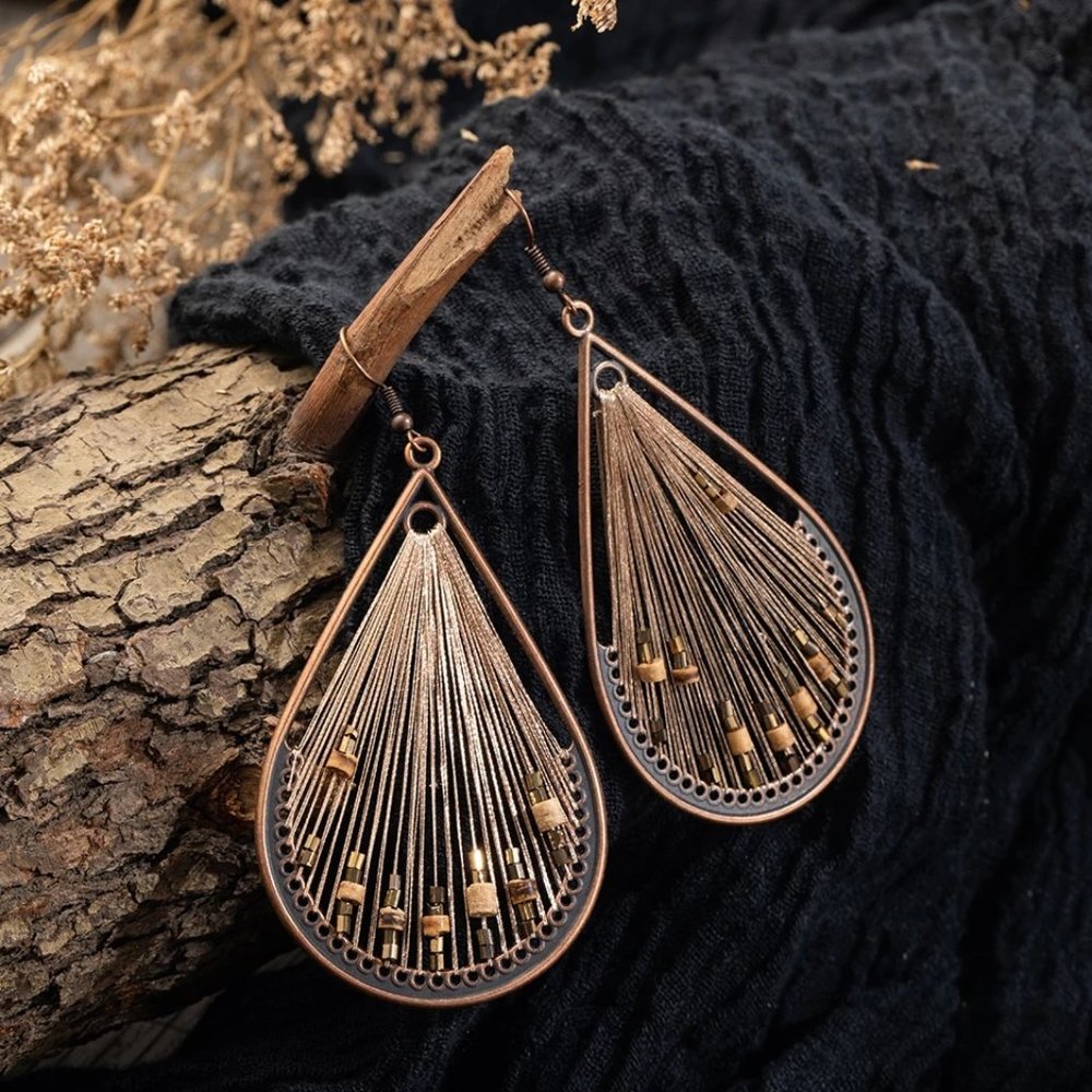 Woven Teardrop Fan Dangle Earrings - Picture 4 of 7